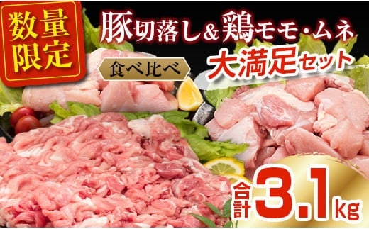 数量限定 豚肉 切り落とし 鶏肉 モモ ムネ セット 合計3.1kg 国産 食品 ポーク チキン おかず 人気 大容量 万能食材 焼肉 から揚げ 炒め物 お弁当 おつまみ 詰め合わせ 食べ比べ 小分け 便利 おすすめ グルメ お取り寄せ おすそ分け 宮崎県 日南市 送料無料_C146-25