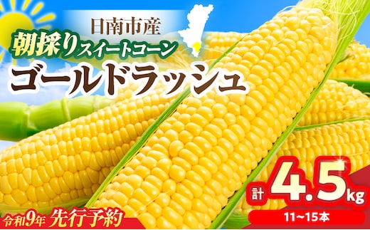 先行予約 スイートコーン ゴールドラッシュ 計4.5kg 国産 食品 野菜 品種 とうもろこし トウモロコシ とうきび 大粒 甘い おやつ 食べ方 簡単 レンジ 保存方法 冷蔵 11～15本 L～3L サイズ BBQ おすすめ ギフト プレゼント 贈り物 宮崎県 日南市 送料無料_CBV16-26