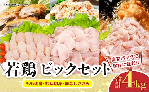 若鶏 ビッグ セット 合計4kg 鶏肉 もも肉 むね肉 筋なしささみ 小分け 美味しい カット済み チキン 国産 切身 便利 食べ比べ おかず お弁当 おつまみ 食品 真空パック 焼肉 からあげ サラダ 万能食材 おすすめ ご褒美 記念日 お祝い 日南市 宮崎県 送料無料_D128-26