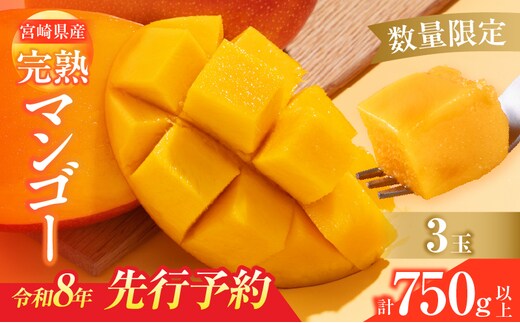 数量限定 宮崎県産 完熟マンゴー 3玉 計750g以上 期間限定 フルーツ スイーツ 果物 くだもの 食品 グルメ デザート 国産 産地直送 人気 おすすめ おやつ 高級 ご褒美 贅沢 贈り物 ギフト プレゼント 令和8年発送分 宮崎県 日南市 送料無料_CD74-25