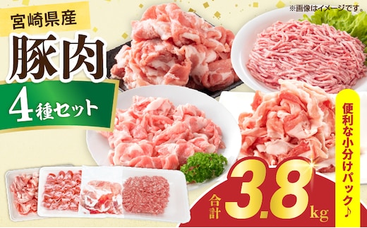 宮崎県産 豚肉 4種 セット (合計3.8kg) 国産 食品 豚バラ 切り落とし ロース 肩ロース ミンチ しゃぶしゃぶ 豚丼 ハンバーグ 餃子 ミートソース 個包装 小分け おすすめ おかず お弁当 晩ご飯 手軽 便利 万能食材 ギフト 贈り物 冷凍 日南市 送料無料_DA47-25