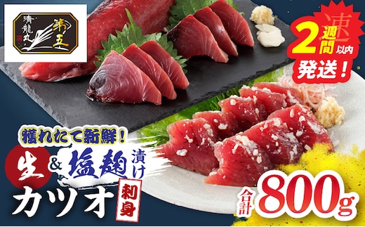 獲れたて 新鮮 生カツオ 刺身 塩麹漬け カツオ刺身 食べ比べ セット 計800g 魚 魚介類 海鮮 食品 国産 鰹 かつお さしみ 刺し身 赤身 急速冷凍 小分け 真空パック 個包装 ギフト 贈り物 贈答 プレゼント おすすめ おつまみ 海の幸 宮崎県 日南市 送料無料_DC40-26