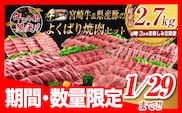 年末年始限定 数量限定 3か月 お楽しみ 定期便 宮崎牛 ＆ 県産豚 よくばり 焼肉 セット 総重量2.7kg 肉 牛肉 豚肉 国産 3回 黒毛和牛 和牛 豚バラ 肩ロース モモ ウデ ロース ブランド牛 おすすめ おかず お弁当 BBQ キャンプ お祝い 宮崎県 日南市 送料無料_HF5-24