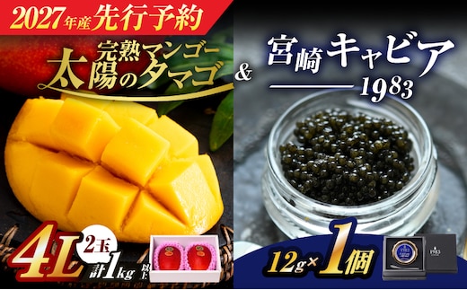 先行予約 完熟マンゴー 太陽のタマゴ (4L×2玉) ＆ 宮崎キャビア1983 1個 2027年産 期間限定 数量限定 宮崎 マンゴー フルーツ 果物 くだもの キャビア 魚介 魚卵 詰め合わせ 国産 食品 希少 デザート おすすめ 冷蔵 ご褒美 贅沢 選べる ギフト 贈り物 日南市 送料無料_LF1-25
