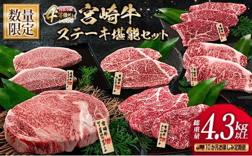 数量限定 10か月 お楽しみ 定期便 宮崎牛 ステーキ 堪能 セット 総重量4.3kg以上 ミスジ モモ ロース ランプ イチボ ヒレ 希少 厚切り 牛肉 国産 黒毛和牛 ミヤチク 食品 おかず 高級 ご褒美 ブランド牛 お祝 人気 おすすめ 宮崎県 日南市 送料無料_UA1-25