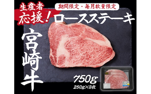 【生産者応援！】宮崎牛ロースステーキ750g（250g×3枚 宮崎牛 和牛 国産 牛肉 霜降り ステーキ ロース 冷凍 送料無料）