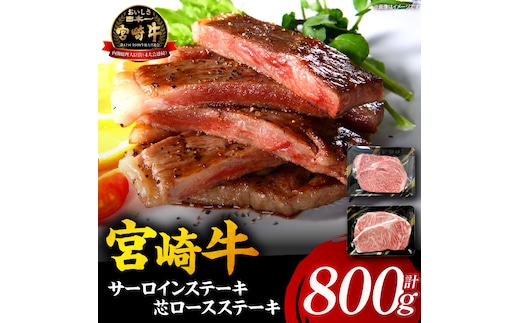 【A5等級宮崎牛】サーロインステーキ・芯ロースステーキセット800g（小林市産 牛肉 和牛 特選 贅沢 厳選和牛 ブランド牛 ギフト 贈答）