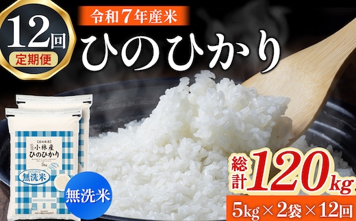 【定期便 全12回】【令和7年産米】無洗米ヒノヒカリ 10kg×12回 お米 米 新米 ヒノヒカリ 無洗米 国産 人気 お弁当 宮崎県 小林市