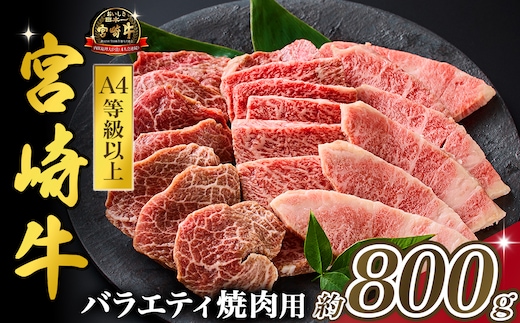 【西ノ原牧場直送】大人気！A4等級以上宮崎牛バラエティ焼肉用 800g（国産 国産牛 肉 牛肉 宮崎牛 黒毛和牛 お肉 ロース 焼肉 内閣総理大臣賞4大会連続受賞 特別提供）