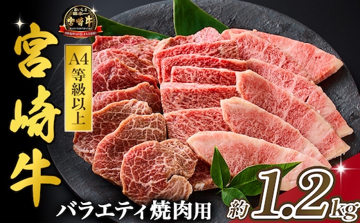 【西ノ原牧場直送】大人気！A4等級以上宮崎牛バラエティ焼肉用 1.2kg（国産 国産牛 肉 牛肉 宮崎牛 黒毛和牛 お肉 ロース 焼肉 内閣総理大臣賞4大会連続受賞 特別提供）
