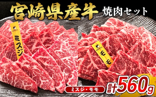 宮崎県産 黒牛 焼肉 赤身 牛肉 焼肉セット ミスジ モモ 2点盛り 560g(280g × 2パック)焼肉用 肉 お肉 牛 国産牛 食べ比べ セット 小分け 真空パック 冷凍 贈答 贈答用 ギフト BBQ アウトドア キャンプ 国産 国産牛 九州 宮崎県 えびの市 送料無料