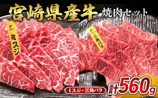 宮崎県産 黒牛 焼肉 赤身 牛肉 焼肉セット ミスジ 三角バラ 2点盛り 560g(280g × 2パック)焼肉用 肉 お肉 牛 国産牛 食べ比べ セット 小分け 真空パック 冷凍 贈答 贈答用 ギフト BBQ アウトドア キャンプ 国産 国産牛 九州 宮崎県 えびの市 