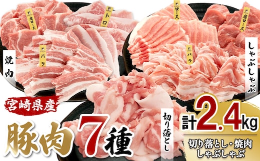 宮崎の旨みを凝縮！豚肉バラエティセット2.4kg（真空パック小分け）切り落とし・しゃぶしゃぶ・焼肉を一度に