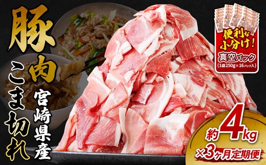 定期便 3回お届け 宮崎県産 いもこ豚 小間切れ 4kg (250g×16パック) 真空パック 小分け 豚肉 えびの市