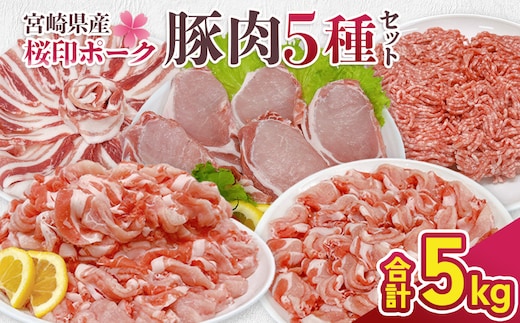 宮崎県産 豚肉 桜印ポーク5種セット(ローススライス / バラスライス / ロースカツ / 切り落とし / ミンチ) 合計5kg 小分け 冷凍 国産 送料無料 九州産 肉 お肉 豚 詰め合わせ