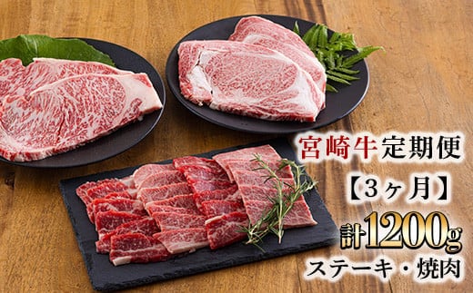 宮崎牛定期便[3ヶ月]ステーキ・焼肉 合計1200g 黒毛和牛のステーキや焼肉を3回に分けて発送！ ［国産 ブランド牛 お肉 ステーキ 焼肉 50000円 5万円］ TF0684-P00020