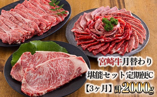 宮崎牛月替わり堪能セット定期C[3ヶ月] 合計2000g(2kg) [国産 黒毛和牛 ブランド牛 お肉 ステーキ 焼肉 しゃぶしゃぶ 70000円 7万円] TF0691-P00020