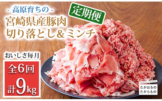 高原育ちの宮崎県産豚肉切り落とし＆ミンチ定期便9kg（計6回×1.5kg）おいしさ堪能 アレンジ色々 [夕食 お弁当 一人暮らし 万能食材 生姜焼き しゃぶしゃぶ ハンバーグ 餃子 肉巻き ミートソース 麻婆豆腐] TF0769-P00070