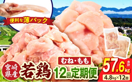 宮崎県産 若鶏切身 むね肉&もも肉 4.8kg（各300g×8袋）【12か月定期便】