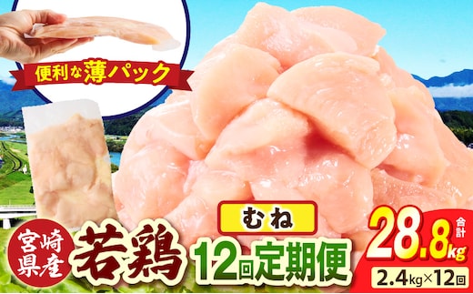 宮崎県産 若鶏切身 むね肉 2.4kg（300g×8袋）【12か月定期便】