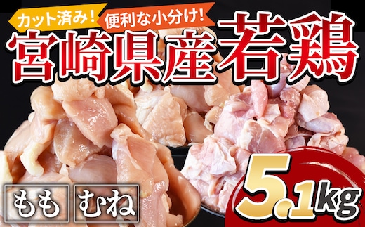 ＜宮崎県産若鶏切身身5.1kg（むね肉300g×12袋 もも肉300g×5袋）＞翌々月までに順次出荷【 鶏肉 詰め合わせ セット からあげ 唐揚げ カレー シチュー BBQ 煮物 チキン南蛮 小分け おかず おつまみ お弁当 惣菜 時短 炒め物 簡単料理 国富町 市場食鳥 】【b0769_it】