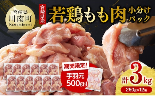 【令和8年3月発送】小分け 宮崎県産若鶏 もも肉計3kg（250g×12袋）＋手羽元500g 【 鶏 肉 鶏肉 国産 モモ 手羽元 九州産 鳥 小分け 使いやすい 便利 】［C00902r803］