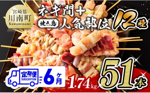 【６ヶ月定期便 】 宮崎県産若鶏 やきとり 人気部位串セット＆ネギまセット 計51本 【 肉 鶏肉 肉加工品 惣菜 やきとり 串 全6回 】 宮崎県川南町 [D07805t6]