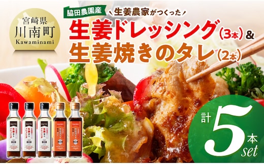 脇田農園産 生姜農家が作った生姜ドレッシング3本＆生姜焼きのタレ2本 計5本セット 【 生姜 ショウガ 国産 宮崎県産 九州産 川南町産 農家直送 しょうが 生姜焼きのたれ ドレッシング 】 [C07005]