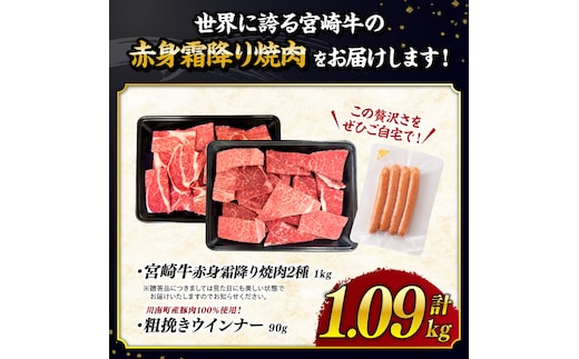 【令和8年9月発送分】宮崎牛 赤身・霜降り焼肉2種1kg 粗挽きウインナー 【 焼肉 ヤキニク ウデ モモ ウインナー 肩ロース 牛肉 牛 肉 】［B00613r809］