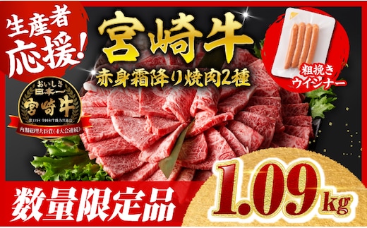 【令和8年9月発送分】宮崎牛 赤身・霜降り焼肉2種1kg 粗挽きウインナー 【 焼肉 ヤキニク ウデ モモ ウインナー 肩ロース 牛肉 牛 肉 】［B00613r809］