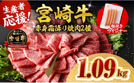 【令和8年9月発送分】宮崎牛 赤身・霜降り焼肉2種1kg 粗挽きウインナー 【 焼肉 ヤキニク ウデ モモ ウインナー 肩ロース 牛肉 牛 肉 】［B00613r809］
