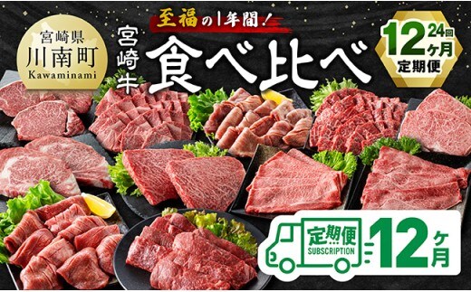 【4等級以上】至福の1年間！宮崎牛食べ比べ12ヶ月24回定期便（2027年1月から12月発送） 【 肉 牛肉 宮崎牛 宮崎県産 九州産 国産 ウデ モモ ロース ヒレ 牛タン すき焼き しゃぶしゃぶ スライス すきしゃぶ ステーキ 焼肉 】 [B11115t12]
