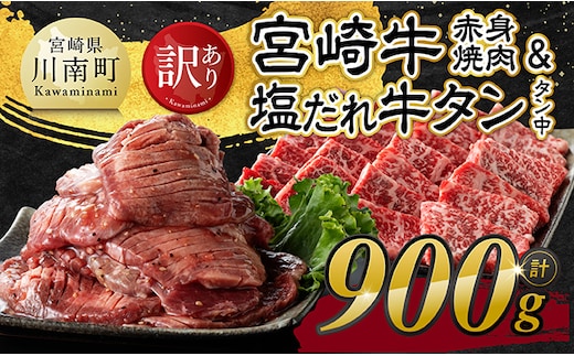 【令和8年9月発送】【訳あり】宮崎牛赤身焼肉と塩だれ牛タン（タン中） 計900g 【 肉 宮崎牛 赤身 牛肉 牛たん たん 厚切り 塩ダレ 塩だれ タン 味付き BBQ 焼肉 焼き肉 焼くだけ おかず 簡単調理 】［B11112r809］