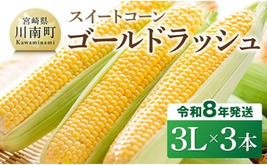 【令和8年発送】宮崎県産とうもろこし スイートコーン「ゴールドラッシュ」3L×3本【新鮮 農家直送 トウモロコシ 産地直送 季節限定 期間限定 宮崎県産 九州産】[C09105]