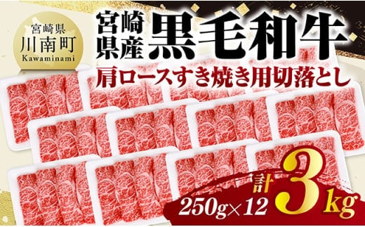 宮崎県産黒毛和牛 肩ロースすき焼き用切落とし3kg（250g×12） 【 牛肉 牛 肩ロース 黒毛和牛 肉 肉じゃが すき焼き 宮崎県産 小分け パック 送料無料 】 [C11609]