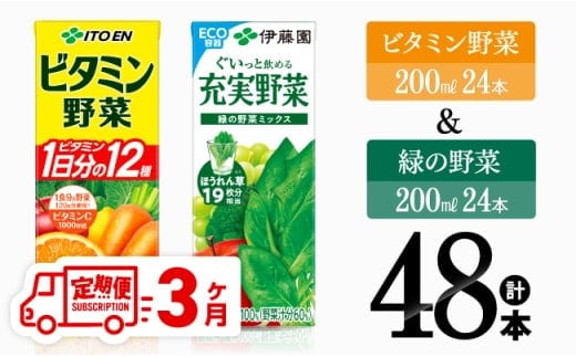 【3ヶ月定期便】ビタミン野菜(紙)24本＋緑の野菜(紙)24本【 伊藤園 飲料類 野菜 ビタミン野菜 緑の野菜 ジュース セット 詰め合わせ 飲みもの 】［D07373t3］