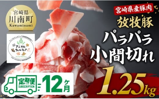 【12ヶ月定期便】宮崎県産豚肉 放牧豚パラパラ小間切れ1.25kg（250g×5袋）【 豚肉 豚 肉 小間切れ 細切れ 炒め物 】[C08104t12]