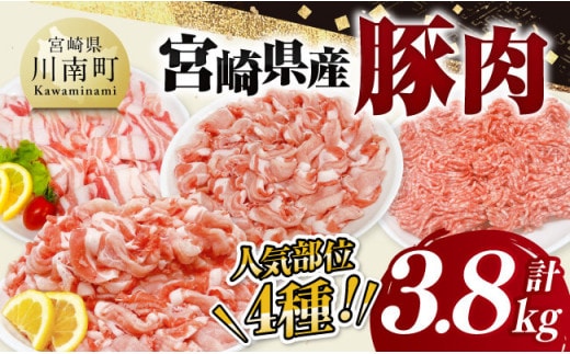 宮崎県産豚肉 4種 3.8kg 【 豚肉 豚 肉 宮崎県産 セット 切り落とし しゃぶしゃぶ ミンチ 送料無料 】[C11619]