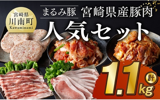 「まるみ豚」宮崎県産豚肉 人気セット 計1.1kg 【 豚肉 豚 肉 国産 川南町 ウデ モモ ハンバーグ ローススライス バラスライス 】[D11512]