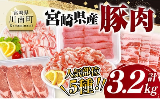 宮崎県産豚肉5種 3.2kg 【 豚肉 ぶた肉 肉 ロース バラ 切り落とし ミンチ 焼肉用 しゃぶしゃぶ 豚肉セット 】[C11628]