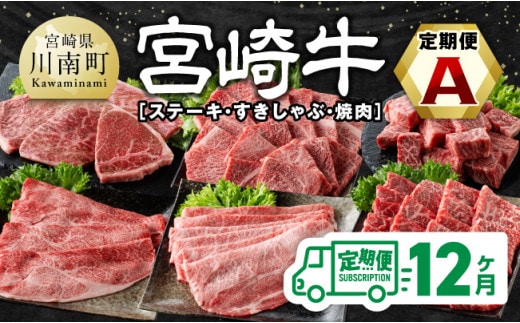【12ヶ月定期便】宮崎牛定期便（ すきしゃぶ ・ 焼肉 ・ ステーキ ） 全12回【 肉 牛肉 国産 宮崎県産 宮崎牛 黒毛和牛 和牛 焼肉 しゃぶしゃぶ すきしゃぶ 焼しゃぶ ステーキ 4等級 A4ランク 】［E11136t12］