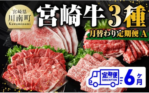 【 6ヶ月定期便 】 宮崎牛 3種 月替わり 定期便A 全6回【 肉 牛肉 国産 宮崎県産 A4～A5等級 宮崎牛 黒毛和牛 和牛 焼肉 しゃぶしゃぶ すきしゃぶ 焼しゃぶ ステーキ 】［E11012t6］