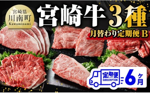 【 6ヶ月定期便 】 宮崎牛 3種 月替わり 定期便B 全6回【 肉 牛肉 国産 宮崎県産 A4～A5等級 宮崎牛 黒毛和牛 和牛 焼肉 しゃぶしゃぶ すきしゃぶ 焼しゃぶ ステーキ 】［E11013t6］