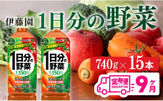 【９ヶ月定期便】 伊藤園 １日分の野菜ペットボトル 740g×15本 野菜ジュース 【 飲料類 ソフトドリンク 野菜ジュース 全9回 】 宮崎県川南町 [E7365t9]