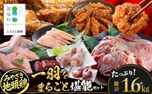みやざき地頭鶏 1羽をまるごと堪能セット 約1.6kg 冷凍｜鶏肉 地鶏 モモ ムネ ササミ 手羽先 手羽元 レバー 砂肝 ガラ 1羽まるごと ロースト チキン じとっこ 真空パック 興洋開発株式会社 宮崎県 諸塚村 KY-17