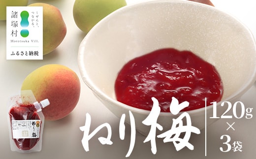 ねり梅 120g×3P パウチ 常温｜ねりうめ 梅 ウメ 梅肉 ペースト シソ 紫蘇 和え物 梅和え 漬物 ごはんのお供 熱中症対策 塩分 加工品 調味料 もろっこはうす 宮崎県 諸塚村 MO-48