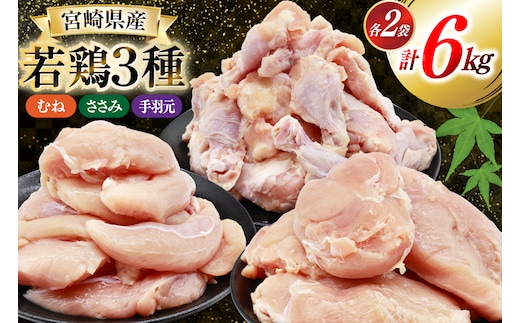 鶏肉 詰め合わせ 宮崎県産 若鶏 むね肉 ささみ 手羽元 セット 各1kg 2p 計6kg [九州児湯フーズ 宮崎県 美郷町 31ai0022] 小分け むね 鶏むね肉 鶏むね 手羽 ササミ 冷凍 真空パック