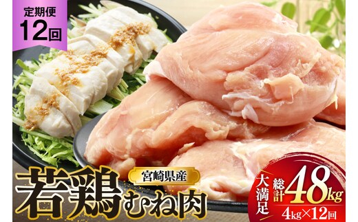 鶏肉 定期便 むね肉 若鶏 鶏むね肉 4kg 12回 総計48kg [ミヤケイフード 宮崎県 美郷町 31bp0014] 鶏むね 鶏胸 むね 冷凍 小分け