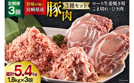 3回 定期便 宮崎県産 豚肉 ３種 セット ひき肉 こま切れ ロース生姜焼き用 小分け 合計5.4kg 各300g×2 [甲斐精肉店 宮崎県 美郷町 31as0116] 冷凍 宮崎県産 豚 肉 送料無料 炒め物 煮込み 豚丼 そぼろ丼 ハンバーグ 豚汁 キーマカレー 詰め合わせ 真空包装
