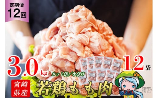 定期便 12回 肉 宮崎県産若鶏モモ切身IQF 3kg×12 計36kg [九州児湯フーズ 宮崎県 美郷町 31aj0065] 冷凍 小分け 個包装 鶏肉 鶏もも肉 もも モモ もも肉 モモ肉